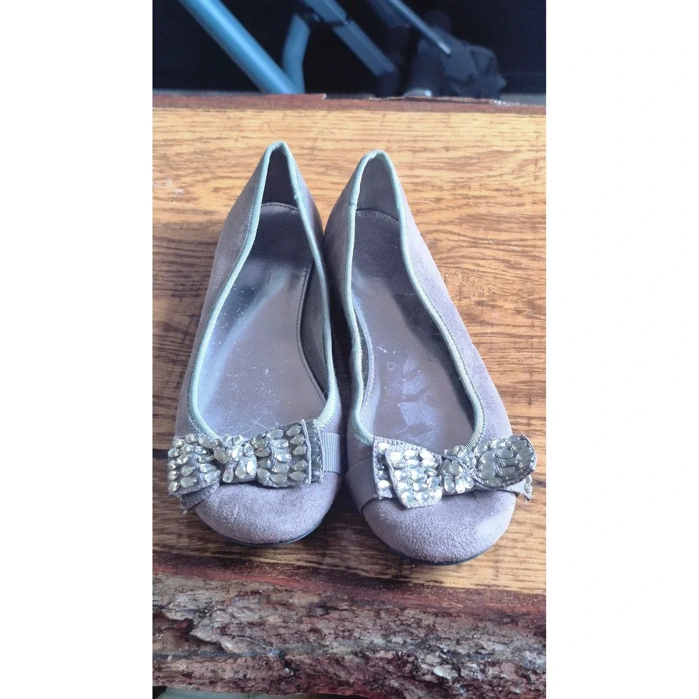 Alfani Ballet Flats 6.5M Taupe‎ Suede Crystal Bow Slip On Chic Dressy Casual